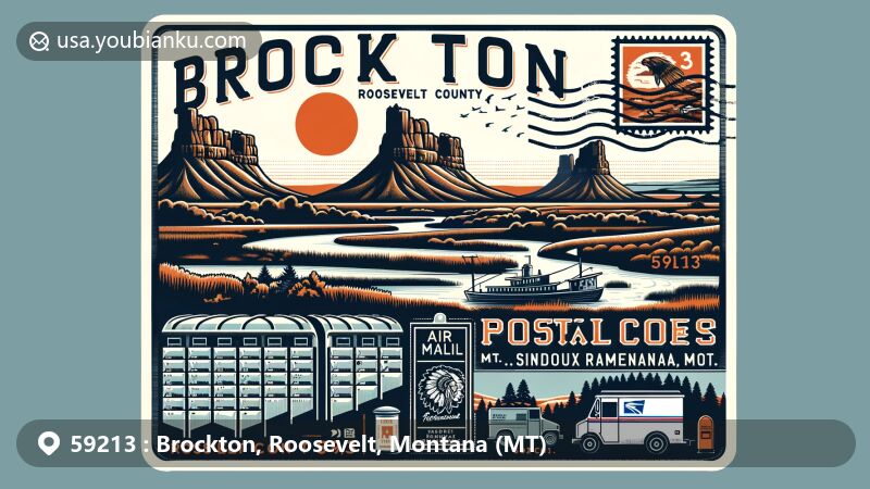 Modern illustration of Brockton, Roosevelt County, Montana, featuring Twin Buttes and Fort Peck Indian Reservation, depicting historic battle symbolizing Crow and Sioux tribes, embracing Native American heritage.