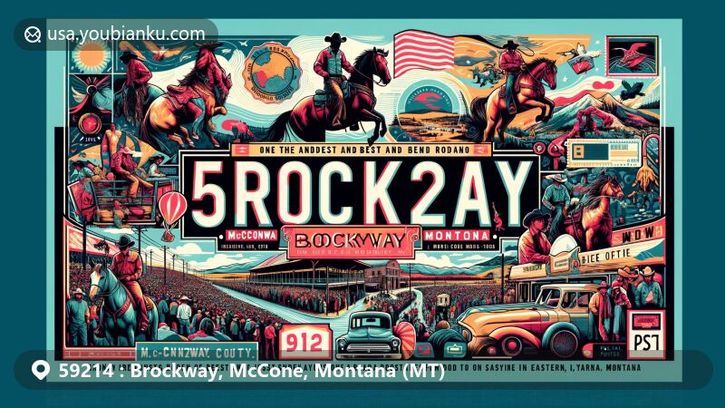 Illustration of Brockway, McCone County, Montana, with ZIP code 59214, featuring Brockway Dairy Day Rodeo and Montana state symbols.