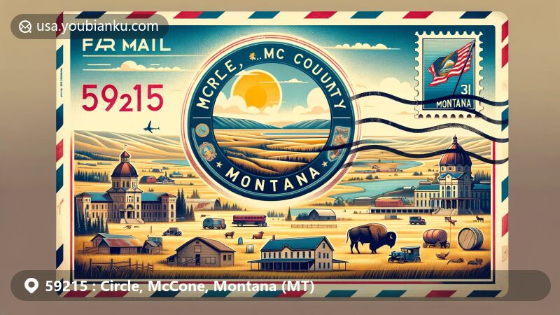 Modern illustration of Circle, McCone, Montana, resembling an air mail envelope with a postage stamp of Montana state flag, showcasing McCone County Museum, Gladstone Hotel, prairies, ranching symbol, wildlife, and stylized postal cancellation mark.