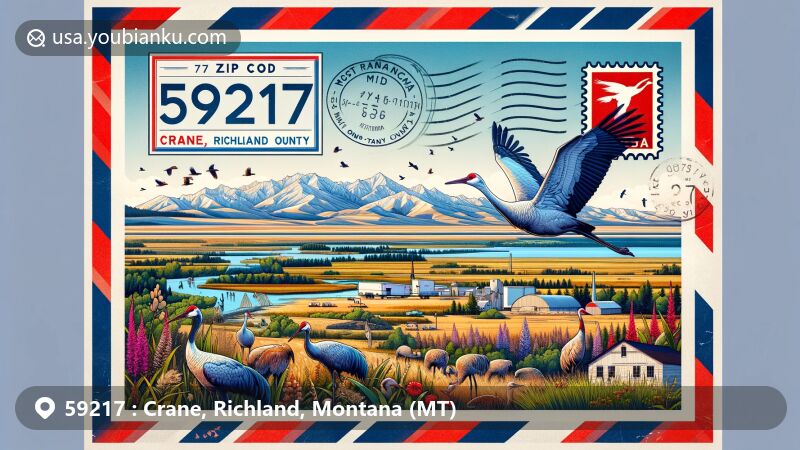Modern illustration of Crane, Richland County, Montana, with postal theme resembling an airmail envelope, featuring natural beauty, sandhill cranes, scenic landscapes, and Montana state flag.