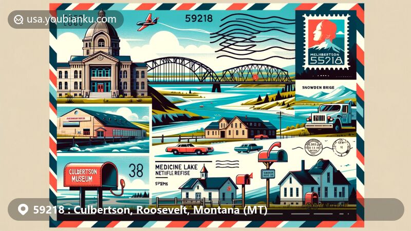 Modern illustration of Culbertson, Roosevelt County, Montana, featuring Culbertson Museum, Missouri River, Snowden Bridge, and Medicine Lake National Wildlife Refuge, with postal elements like stamps, postmark, ZIP code 59218, mailbox, and mail truck.