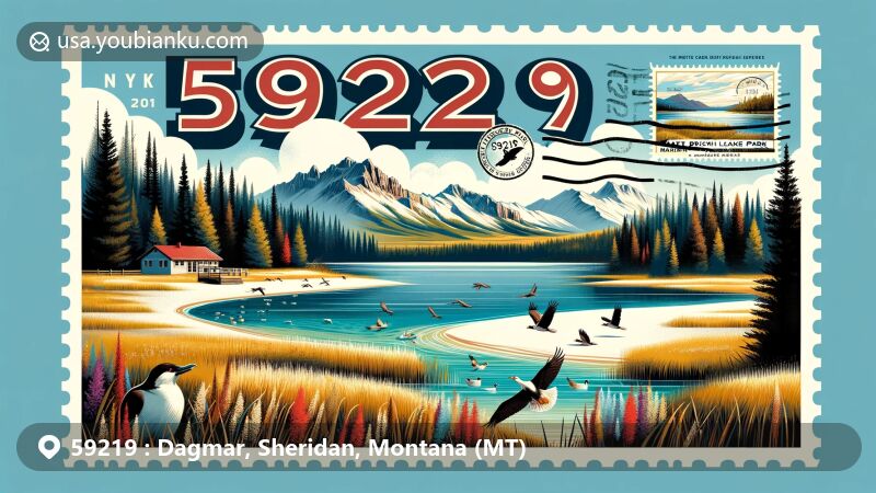 Vibrant postcard-style illustration of Dagmar, Montana, highlighting Brush Lake State Park and Medicine Lake National Wildlife Refuge, with ZIP code 59219.