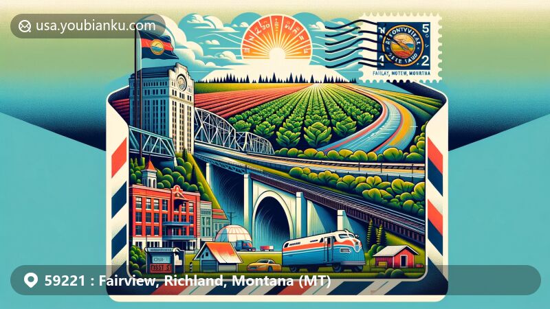 Modern illustration of Fairview, Montana, ZIP code 59221, featuring Fairview Bridge, historic train tunnel, sugar beet fields, Montana state flag, and postal theme.