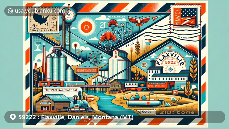 Artistic interpretation of Flaxville, Montana, showcasing airmail envelope design with postcard theme, including grain elevators, R-Y Trail Bar, and Flaxville School, featuring flax plants and Whitetail Reservoir.