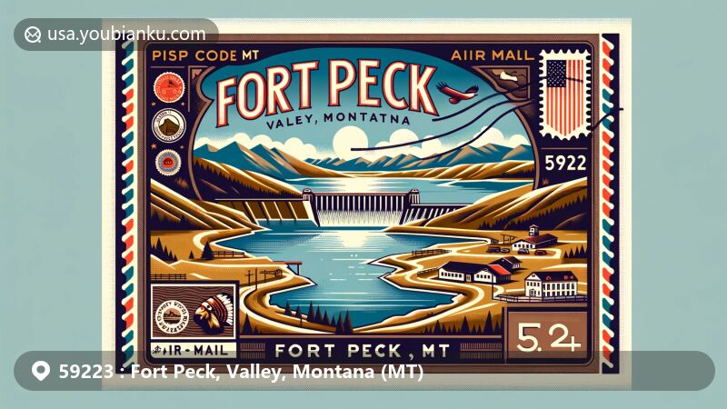 Modern illustration of Fort Peck, Valley, Montana postal card featuring Fort Peck Lake, Fort Peck Dam, Fort Peck Indian Reservation, and Northeast Montana landscapes.