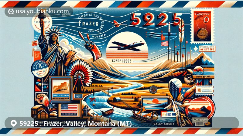 Modern illustration of Frazer, Valley County, Montana, with a creative postal theme featuring airmail elements, postcard showcasing scenic Missouri River, Fort Peck Indian Reservation images, and Montana state flag.
