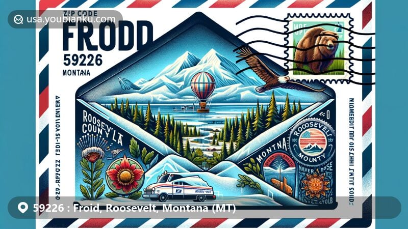 Modern illustration of Froid, Roosevelt County, Montana, styled as an airmail envelope with ZIP code 59226, featuring cultural symbols, Native American heritage elements, and Montana state symbols.
