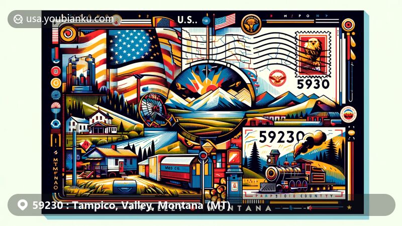 Modern illustration of Tampico, Valley, Montana, featuring key elements of the region, including Montana state flag, Valley County map, rustic railroad, and natural landscapes, with a scenic Montana backdrop.