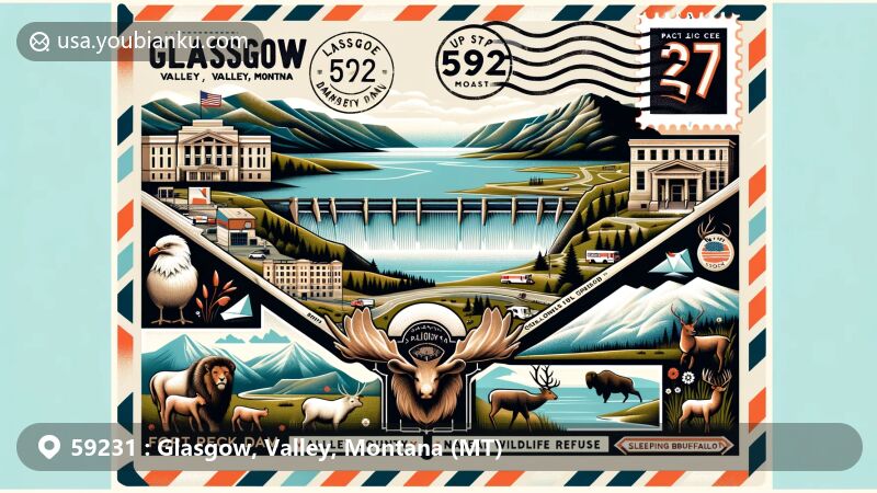 Modern illustration of Glasgow, Valley County, Montana, featuring landmarks like Fort Peck Dam, Valley County Pioneer Museum, Charles M. Russell National Wildlife Refuge, Sleeping Buffalo Hot Springs, and Montana state flag, all tied together with a postal theme for ZIP code 59231.