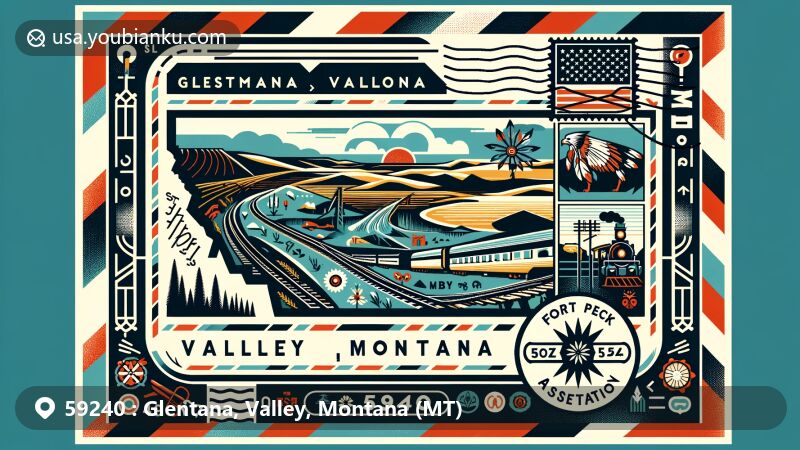 Modern illustration of Glentana, Valley, Montana, featuring Fort Peck Indian Reservation symbols, Sioux and Assiniboine tribe elements, and postal theme with ZIP code 59240.