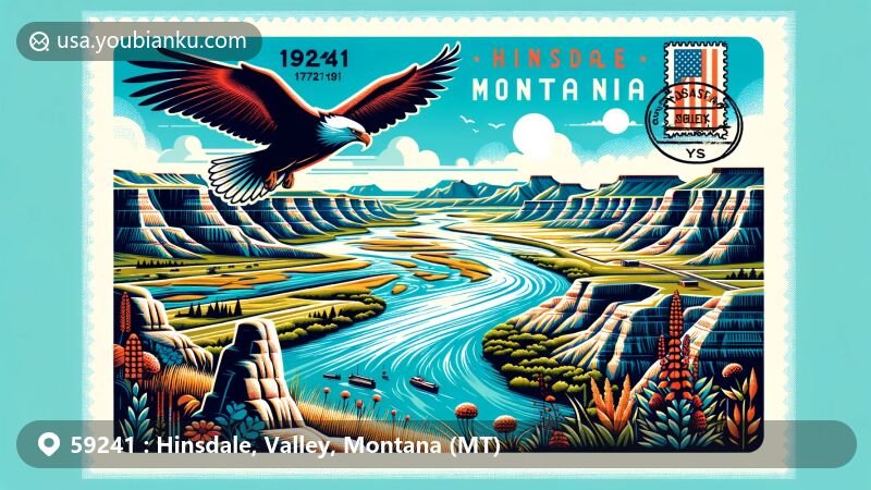 Scenic illustration of Hinsdale, Montana, showcasing Milk River, badlands, and Bitter Creek Wilderness Study Area, with local flora and fauna, and an eagle symbolizing Native American culture.