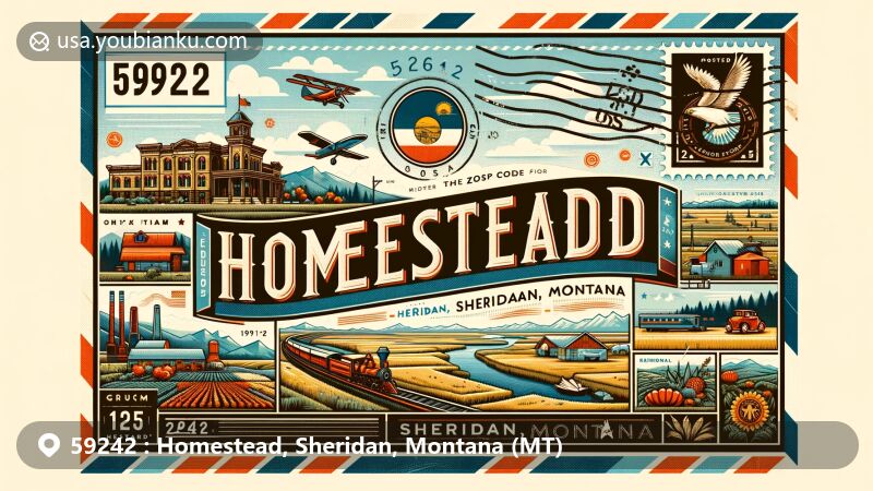 Modern illustration of Homestead, Sheridan, Montana, showcasing postal theme with ZIP code 59242, featuring Montana state flag, Sheridan County outline, agricultural and railroad symbols, along with vintage postal elements.