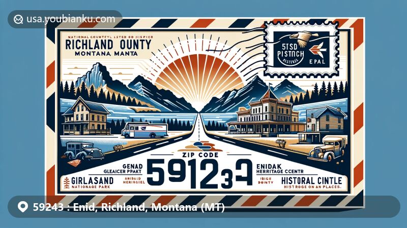 Modern illustration of Enid, Richland County, Montana, highlighting postal theme with ZIP code 59243, featuring Going-to-the-Sun Road, MonDak Heritage Center, historic buildings, stamps, airmail envelope, mailboxes, and postal vehicles.