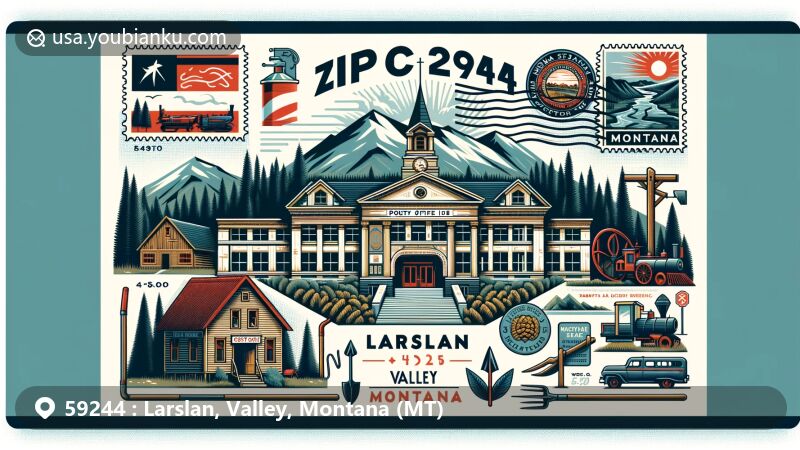 Modern illustration of Larslan, Valley, Montana, featuring post office and old school, Montana state seal elements, including Rocky Mountains, Missouri River, forests, agriculture, mining symbols, plow, pick, shovel, Montana State Capitol, stamps, postmarks, ZIP Code 59244.