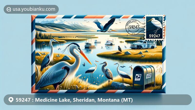 Modern illustration of ZIP Code 59247, featuring Medicine Lake National Wildlife Refuge with diverse birdlife like great blue herons, white pelicans, and sandhill cranes, integrated with tranquil lake and wilderness backdrop.