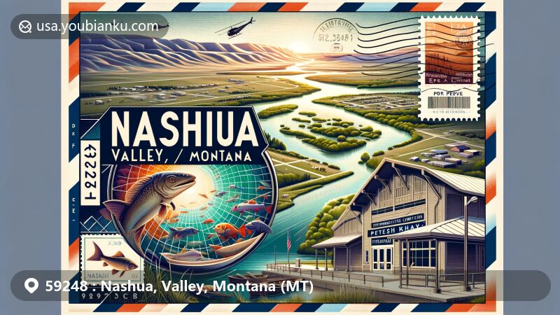 Modern illustration of Nashua, Valley, Montana, designed as a vintage airmail envelope with stamps, postmark, and ZIP code 59248. Features include Porcupine Creek, Milk River, Fort Peck Lake, Fort Peck Interpretive Center, and semi-arid landscape.