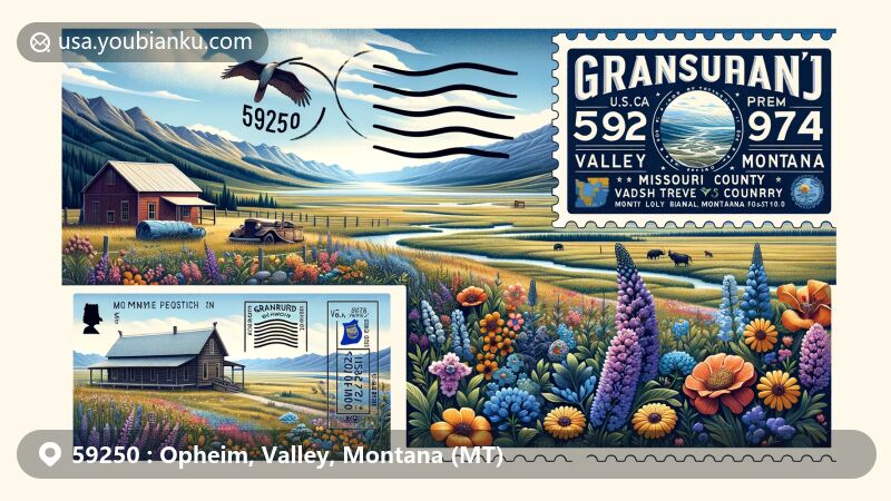 Modern illustration of Opheim, Valley County, Montana, showcasing prairie landscapes, Granrud's Lefse, mountain scenery, iconic wildlife, and Montana state flag.