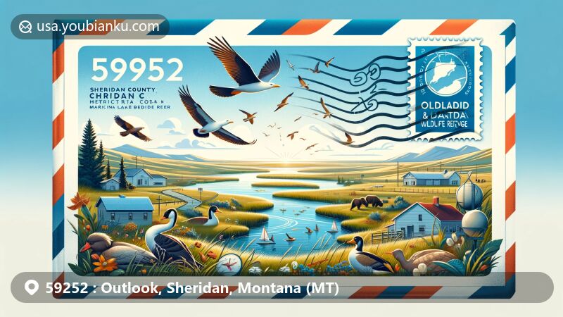 Modern illustration of Outlook, Sheridan County, Montana, resembling an airmail envelope with postmark, stamp marked '59252'. Depicts rural community near Canadian border and North Dakota, featuring Medicine Lake National Wildlife Refuge with migratory birds and tranquil waters.