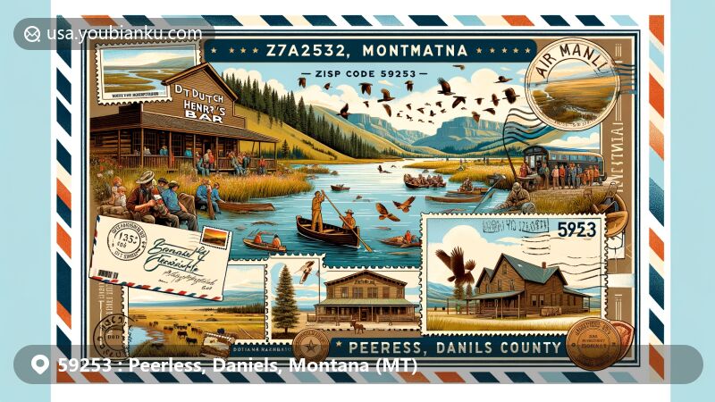 Modern illustration of Peerless, Daniels County, Montana, highlighting scenic landscape with outdoor activities like fishing and bird watching, featuring Dutch Henry's Bar and historical photos, incorporating cultural elements of Fort Peck Indian Reservation.