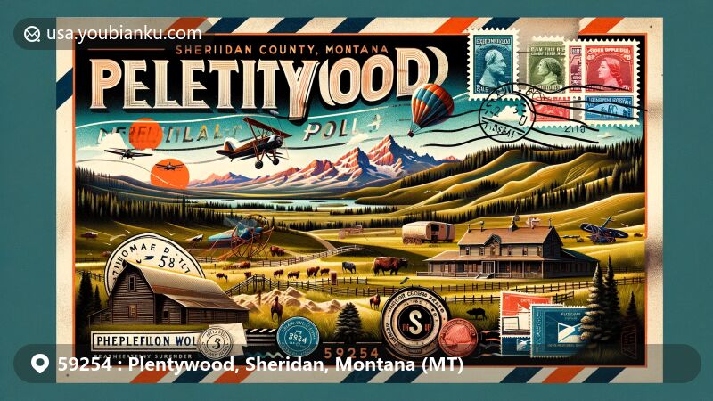 Modern illustration of Plentywood, Sheridan County, Montana, featuring postal-themed postcard with ZIP code 59254, showcasing landscape, historic site of Sitting Bull's surrender, and Sheridan County Museum.