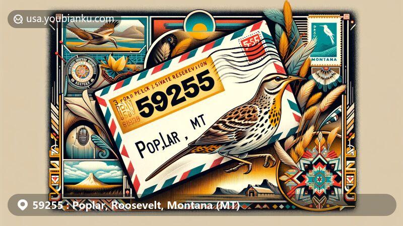 Vintage-style illustration of Poplar, Roosevelt County, Montana, with airmail envelope featuring ZIP code 59255, showcasing local culture and geographical elements.