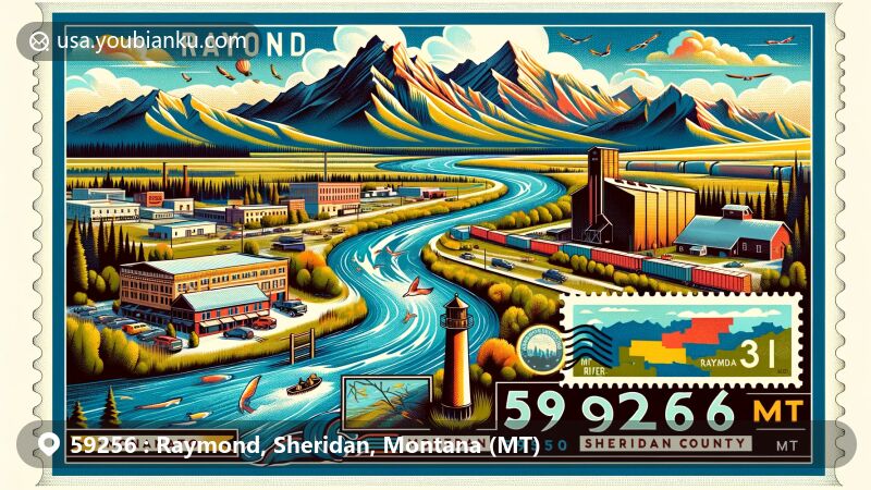 Modern illustration of Raymond and Sheridan County, Montana, with ZIP code 59256, featuring Ruby River, Ruby, Tobacco Root, and Snowcrest Mountains, Raymond Grain Elevators, Comertown Historic District, and vintage postal elements.