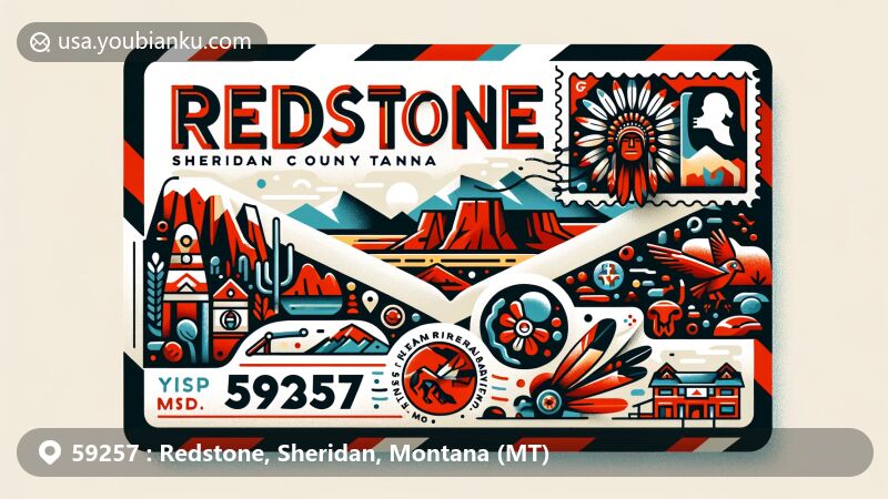 Modern illustration of Redstone, Sheridan, Montana, highlighting ZIP code 59257, featuring airmail envelope design with red shale and Native American cultural elements from Fort Peck Indian Reservation.