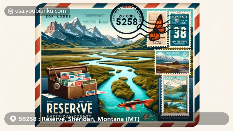 Vintage-style illustration of Reserve, Sheridan County, Montana, highlighting ZIP code 59258, featuring airmail envelope with postcard of Ruby River and surrounding mountains, including Tobacco Root, Highlands, McCartney, Pioneer, Ruby, Gravely, and Snowcrest.
