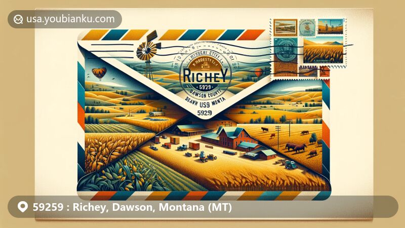 Vintage airmail envelope illustration of Richey, Dawson County, Montana, showcasing rural landscape and agricultural charm with wheat fields, cattle grazing, and historical museum.