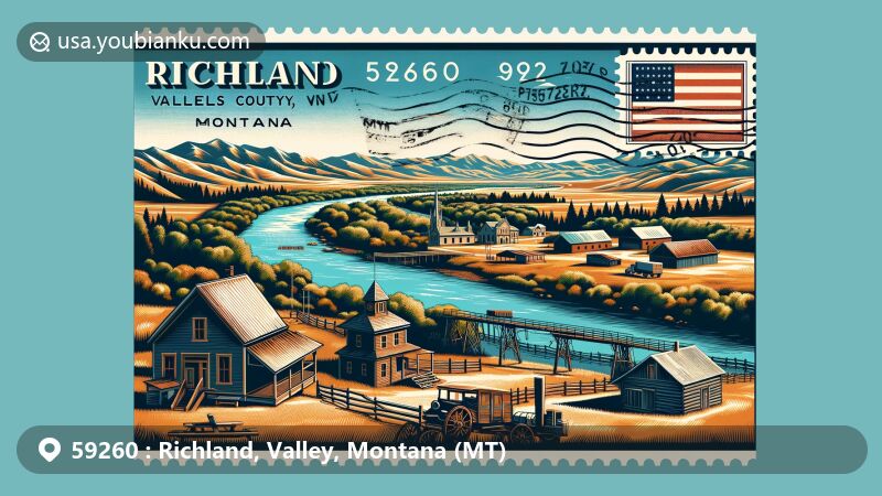 Modern illustration of Richland, Valley County, Montana, featuring the West Fork of the Poplar River and Daniels County Museum with Pioneer Town, highlighting historical and natural beauty, incorporating Montana state flag and postal elements with ZIP code 59260.