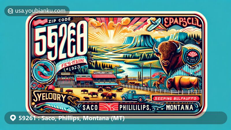 Modern illustration of Saco, Phillips County, Montana, highlighting ZIP code 59261 with Phillips County Fair rodeo, Sleeping Buffalo Rock, Milk River Valley, and classic postcard features.