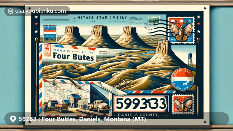 Modern illustration of Four Buttes, Daniels County, Montana, featuring vintage airmail envelope with ZIP code 59263, showcasing local landscape with historic buttes, Montana state flag, and postal elements.