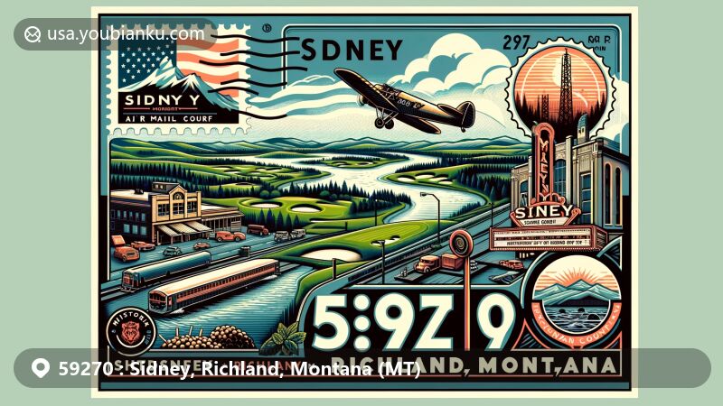 Modern illustration of Sidney, Richland, Montana, showcasing postal theme with ZIP code 59270, featuring Bridgeview Golf Course, Yellowstone River, Gem Theatre, Montana flag, sugar beets, and oil derricks.