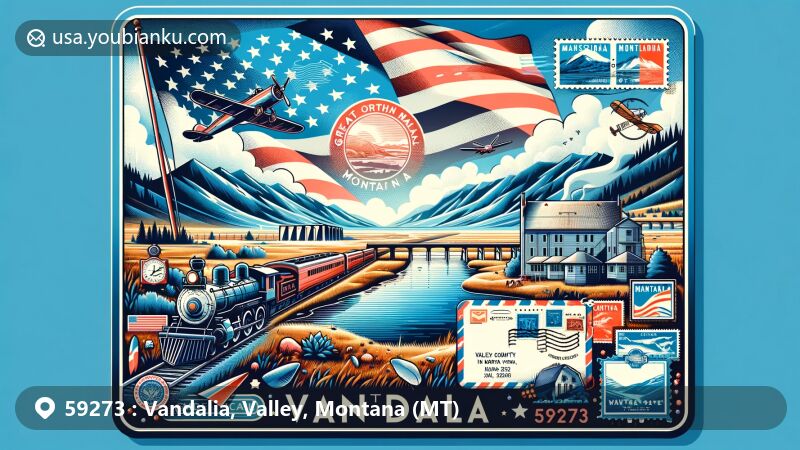Modern illustration of Vandalia, Valley County, Montana, portraying the semi-arid landscape and iconic features like Great Northern Railway and Milk River dam, with emphasis on postal theme including vintage air mail envelope and Montana state flag.