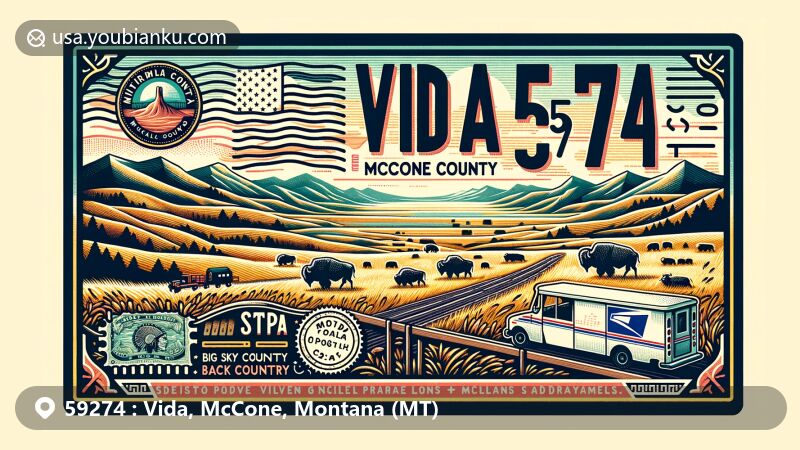 Modern illustration of Vida, McCone County, Montana, showcasing postal theme with ZIP code 59274, featuring McCone County seal, Big Sky Back Country Byway, and scenic landscape of prairie grassland and badlands terrain.