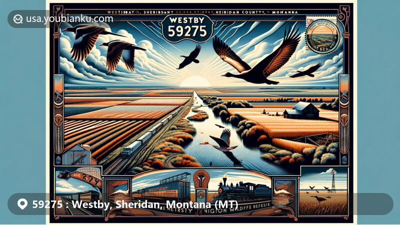 Vintage-style postcard illustration of Westby, Sheridan County, Montana, showcasing prairie farming landscape with migratory birds in flight and Medicine Lake National Wildlife Refuge, integrated with town's railroad history. Framed in a postal-style border with vintage stamps and postmark.