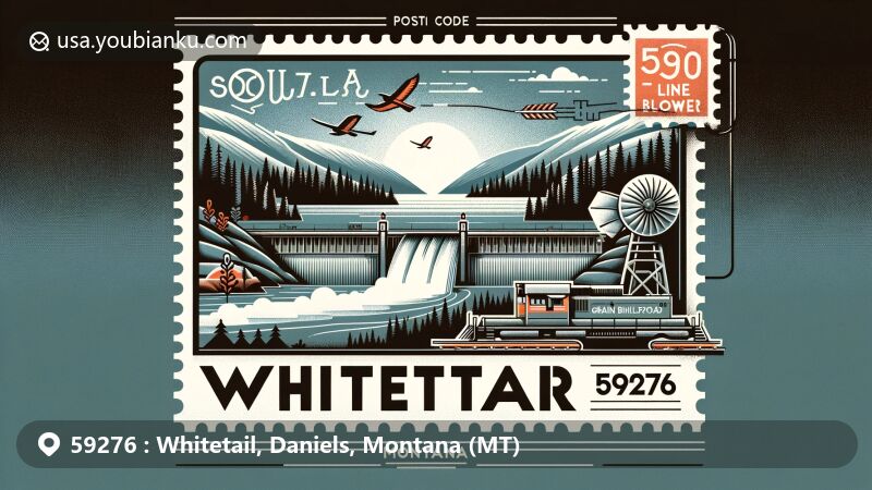 Modern illustration of Whitetail, Montana, featuring Whitetail Creek, dam-formed lake, Soo Line Railroad, and Whitetail Grain Blower, framed like a postal card with ZIP code 59276.