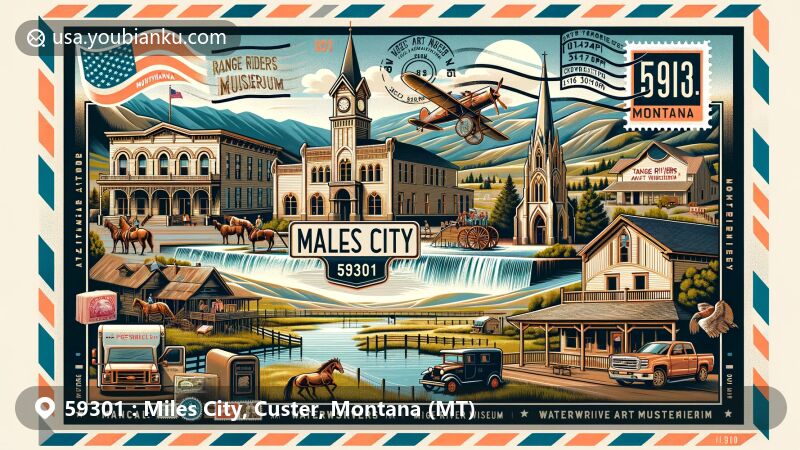 Modern illustration of Miles City, Custer, Montana, showcasing postal theme with ZIP code 59301, featuring Range Riders Museum, Tongue River Winery, WaterWorks Art Museum, Vintage and Rustics, City Hall, and First Presbyterian Church.