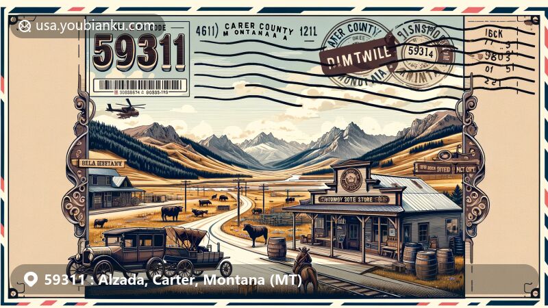 Modern illustration of Alzada, Carter County, Montana, featuring Alzada Cowboy Store and Post Office, cowboy culture, and natural landscapes along Highway 212.
