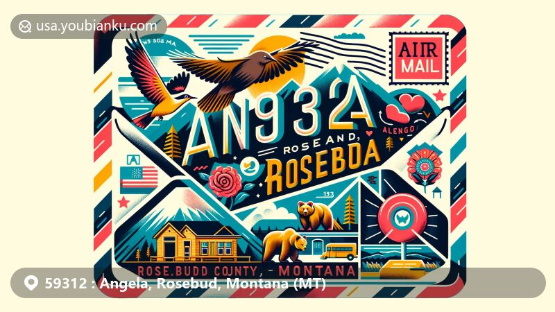 Vibrant illustration of Angela, Rosebud County, Montana, featuring air mail envelope with ZIP code 59312, showcasing Montana state flag and iconic symbols such as Western Meadowlark, Grizzly Bear, and Bitterroot flower.
