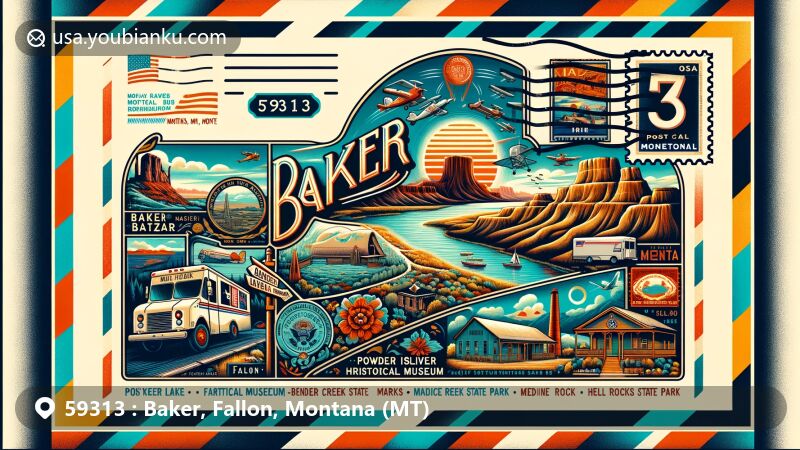 Illustration of ZIP code 59313, Baker, Fallon County, Montana, featuring a vintage airmail envelope adorned with colorful montages of Baker's landmarks and cultural symbols, including Baker Lake, O'Fallon Historical Museum, and Medicine Rocks State Park.