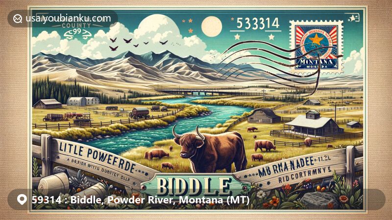 Modern illustration of Biddle, Powder River County, Montana, featuring a scenic postcard-style design with a semi-arid landscape, the Little Powder River, and the Rocky Mountains. Includes elements of local ranching heritage and vintage postage details like a Montana state flag stamp and ZIP code 59314.