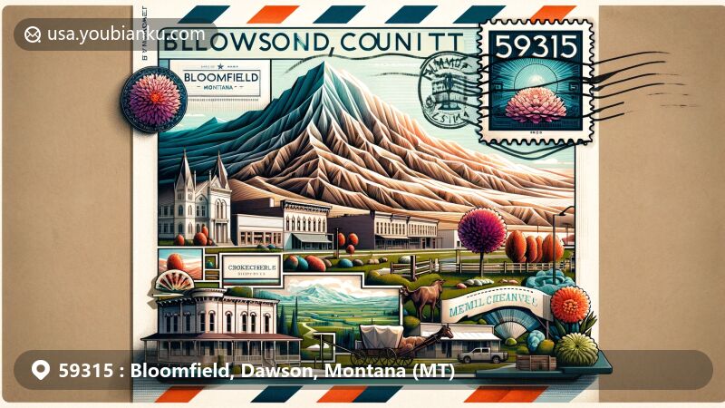 Modern illustration of Bloomfield, Dawson County, Montana, showcasing postal theme with ZIP code 59315, featuring Big Sheep Mountains, Merrill Avenue Historic District, Dawson County map, Amish cultural symbol, and Montana state flag.