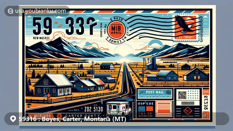 Colorful illustration of Boyes, Carter County, Montana, depicting a postcard or air mail envelope with ZIP code 59316. Features the unincorporated village of Boyes, U.S. Route 212, and Montana's scenic landscapes.