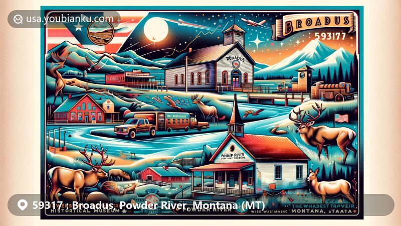 Modern illustration of Broadus, Powder River County, Montana, featuring Powder River Historical Museum with one-room schoolhouse and old jail, rural elements like deer and antelope, scenic Powder River, and artistic Montana state flag.