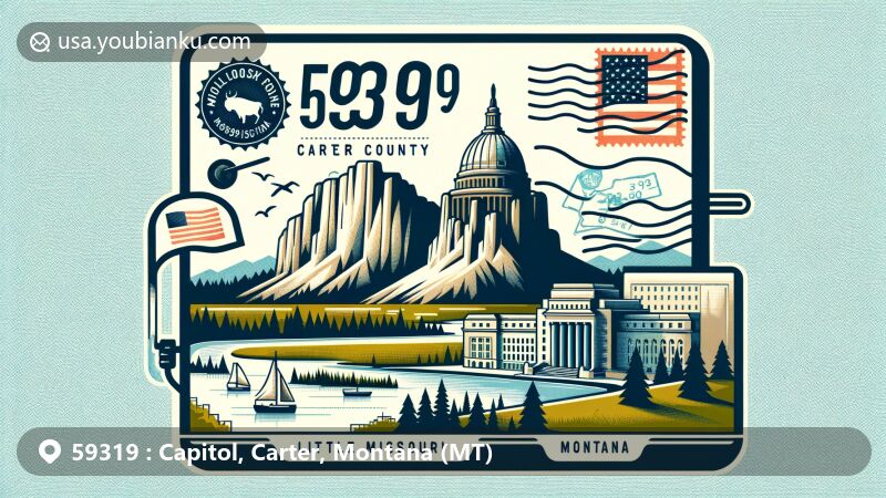 Modern illustration of Capitol Rock and Little Missouri River in ZIP code 59319, Capitol, Carter County, Montana, featuring state flag and postal elements like stamp and postmark.