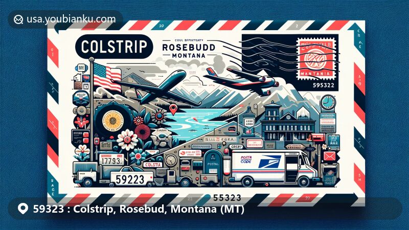 Modern illustration of 59323, Colstrip, Rosebud County, Montana, in air mail envelope format with Montana state flag, Rosebud County map, and Colstrip landmarks.