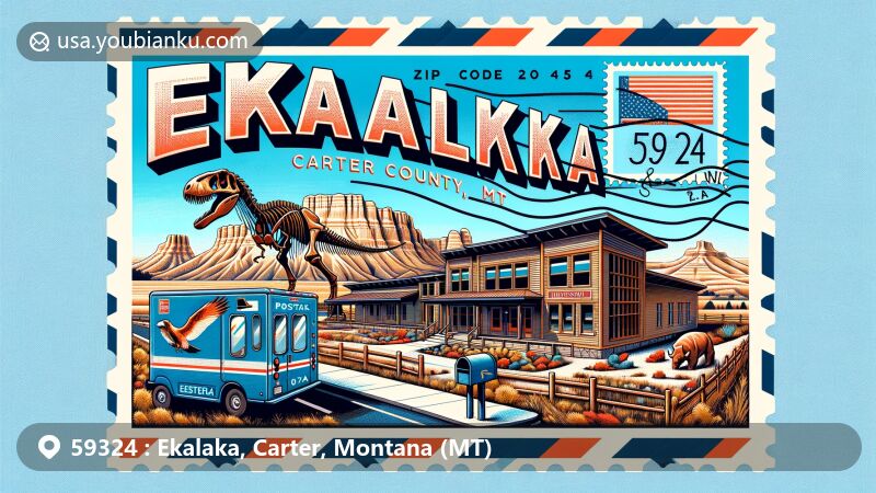 Modern illustration of Ekalaka, Carter County, Montana, showcasing postal theme with ZIP code 59324, featuring Carter County Museum, Medicine Rocks State Park, and Montana state symbol.