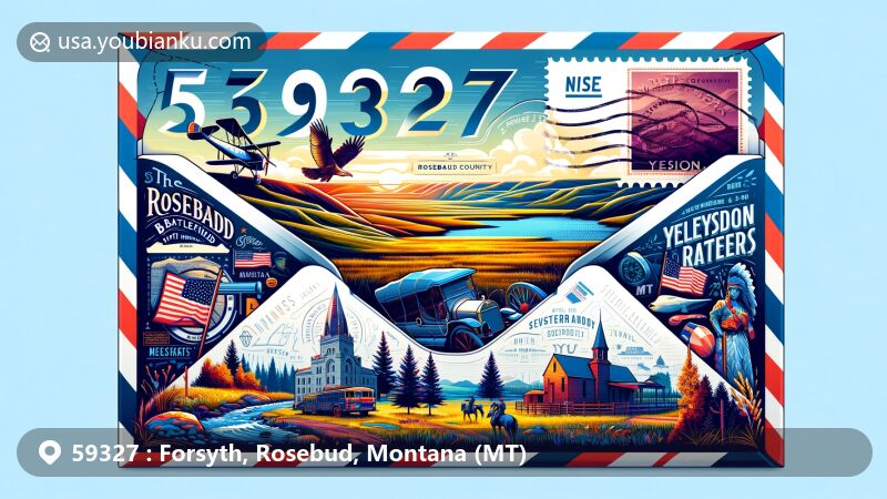 Modern illustration of Forsyth, Rosebud County, Montana, creatively designed as an airmail envelope showcasing ZIP code 59327. Includes key landmarks like Rosebud Battlefield State Park and Yellowstone River.