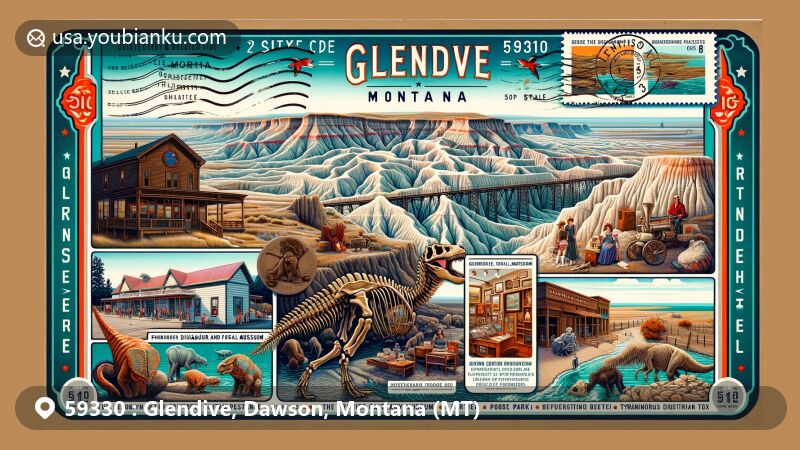 Modern illustration of Glendive, Montana, showcasing Makoshika State Park badlands, dinosaur fossils, Frontier Gateway Museum, Glendive Dinosaur and Fossil Museum, Historic Bell Bridge, and postal elements with ZIP code 59330.